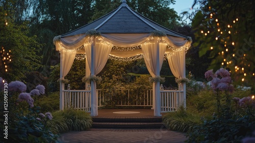 A white gazebo decorated with soft fabric drapes and fairy lights in a romantic garden