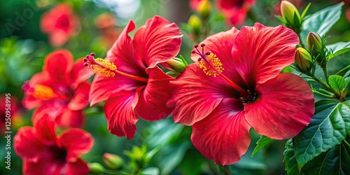 Intense crimson, a red hibiscus explodes in vibrant macro detail, showcasing nature's artistry.