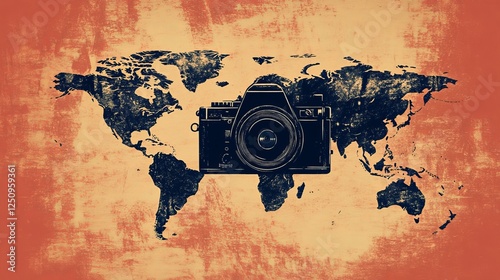 Creative Illustration of a DSLR Camera with a Vibrant World Map Background – Travel and Photography Concept