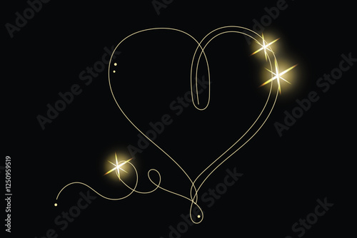 Line Art Wavy Heart Shape Icon. Romantic Minimalist Black Silhouette Contour. Valentine Day or Wedding Greeting Card Background. Luxury Rich Glamour Invitation Card. line Art Isolated on Black. Shine 