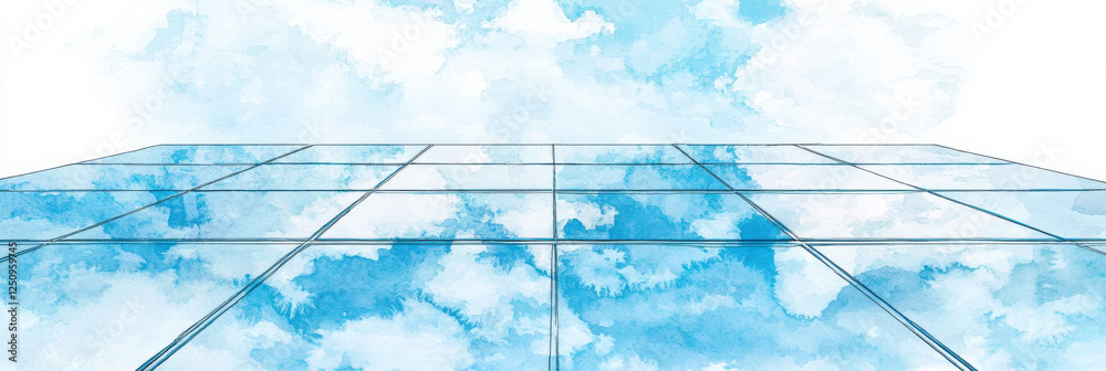 Fototapeta premium Abstract_tiled_floor_reflecting_light_blue_sky_and_white_clouds,_perspective_view.