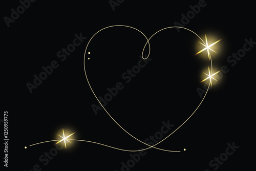 Line Art Wavy Heart Shape Icon. Romantic Minimalist Black Silhouette Contour. Valentine Day or Wedding Greeting Card Background. Luxury Rich Glamour Invitation Card. line Art Isolated on Black. Shine 