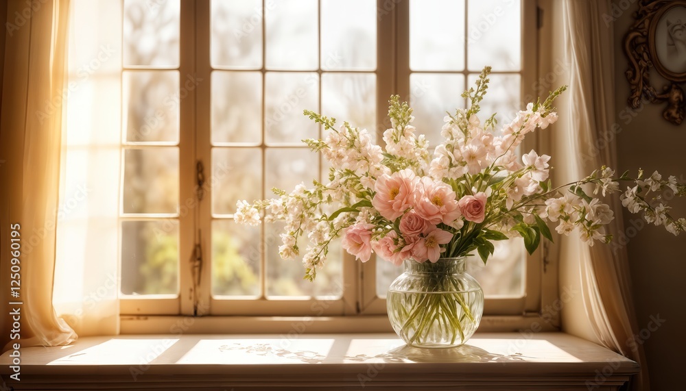 Charming Windowsill Floral Display: Elegant Vases with Lush Bouquets Set Against a Warm Backlit Window – Ideal for Posters and Greeting Cards Charming Windowsill Floral Display: Elegant Vases with Lush Bouquets Set Against a Warm Backlit Window – Ideal for Posters and Greeting Cards