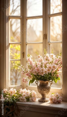 Sophisticated Windowsill Arrangement: Exquisite Floral Vases and Vibrant Bouquets Captured in a Modern Vintage Setting with Golden Light