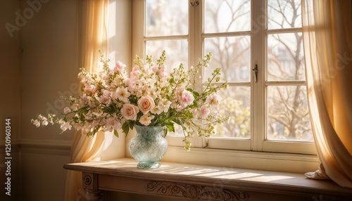 Refined Floral Windowsill: Elegant Vases and Stunning Bouquets Bathed in Warm Backlight, Creating a Timeless Poster and Card Concept