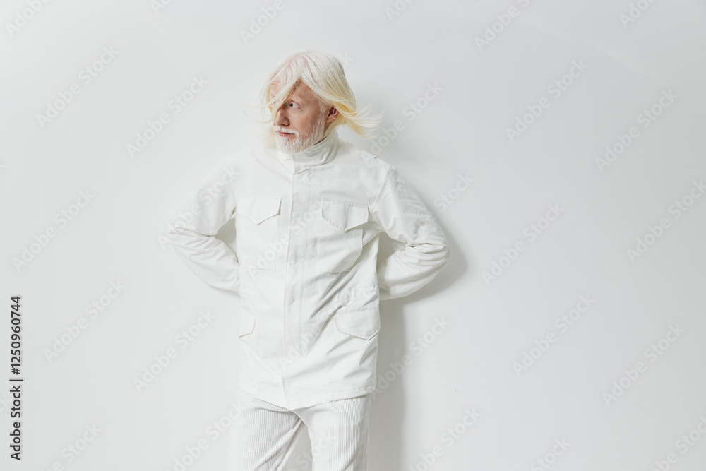 Artistic portrait of an elderly man dressed in white against a minimalist background The subject has long white hair, conveying a sense of style and calmness Artistic portrait of an elderly man dressed in white against a minimalist background The subject has long white hair, conveying a sense of style and calmness