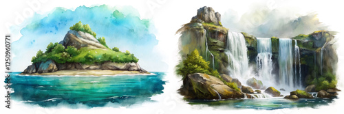 Watercolor landscape, serene island scene, cascading waterfall, lush greenery, tranquil nature, artistic illustration.