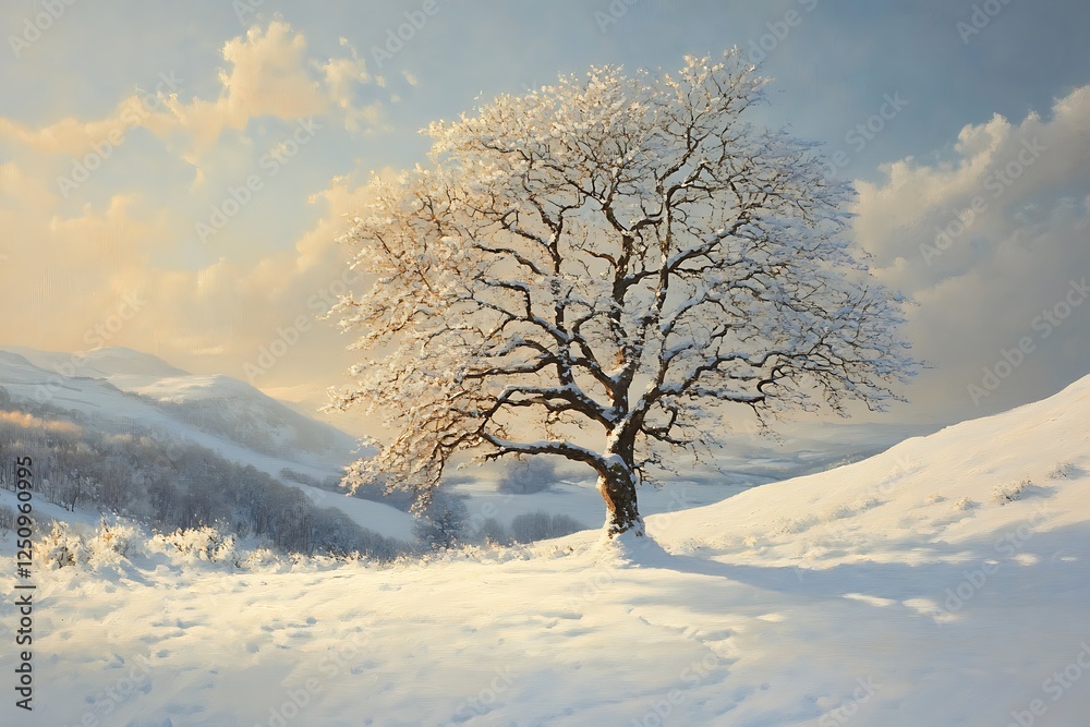 Obraz premium Snow-Covered Tree on a Winter Landscape