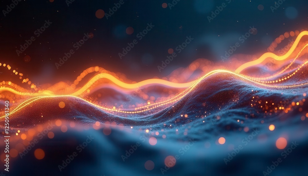 Abstract data wave; dynamic graphic; glowing lines. Potential use stock photo