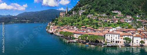 Morcote - one of the most beautiful villages in Switzerland, picturesque lake Lugano border with Italy,  canton Ticino. aerial panoramic view
