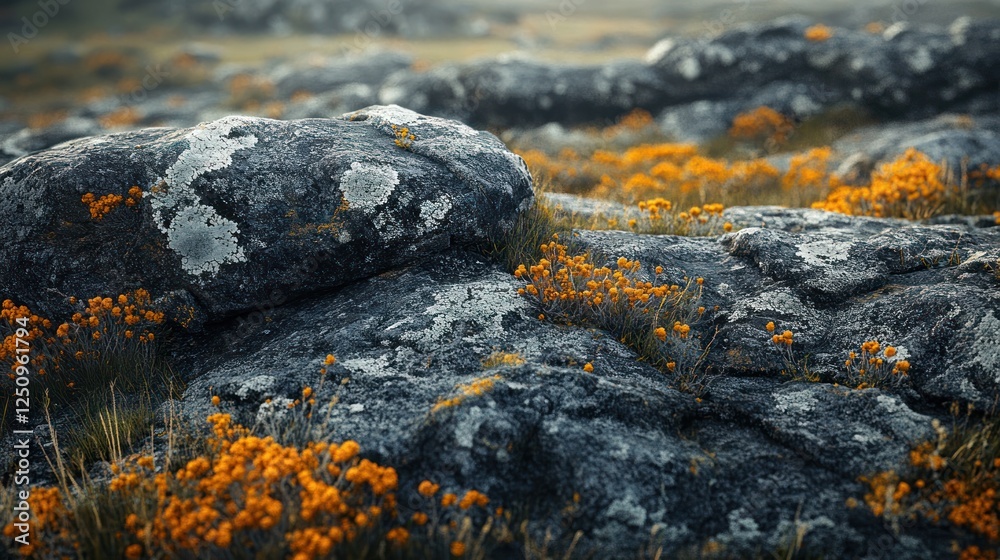 Coastal rocks, orange wildflowers, sunrise, misty background, nature texture Coastal rocks, orange wildflowers, sunrise, misty background, nature texture