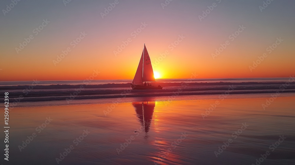 Fototapeta premium Sailboat silhouetted against a vibrant sunset over calm ocean waters, reflecting on the wet sand.