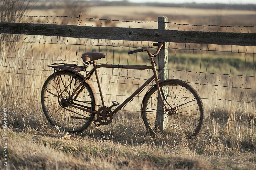 Old bicycle resting by a rustic fence in nature Old bicycle resting by a rustic fence in nature