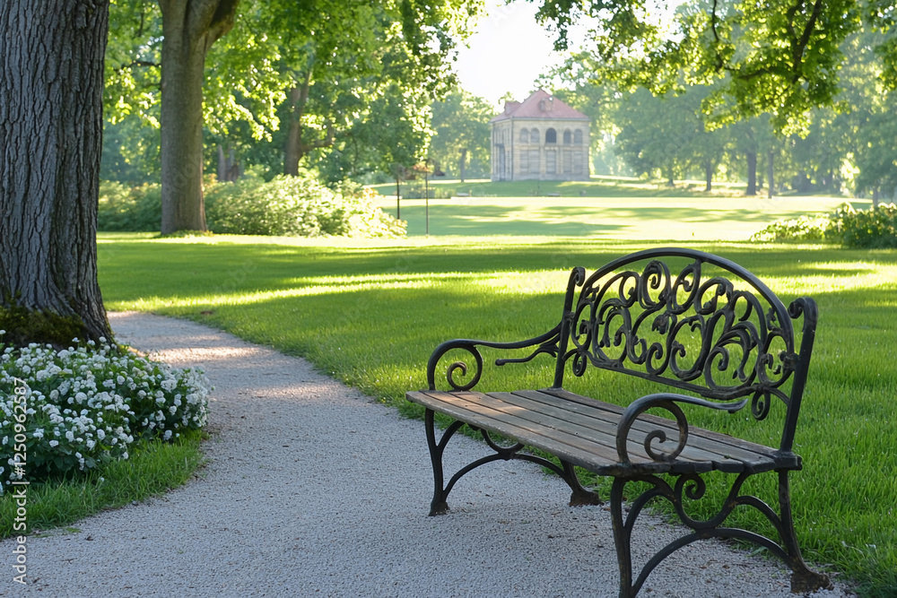 Old bench in a tranquil forgotten park setting Old bench in a tranquil forgotten park setting