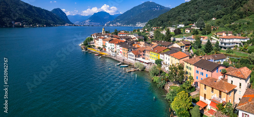 Obraz na płótnie Switzerland scenic places, Lugano lake, beautiful colorful village Brusino Arsizio (canton Ticino) aerial panoramic view. w salonie
