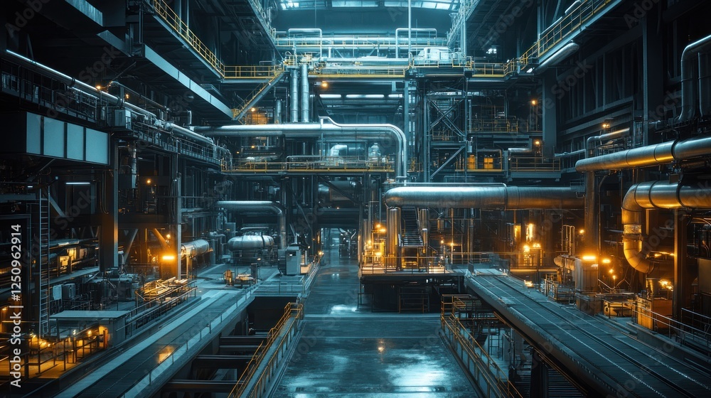 Fototapeta premium Industrial Plant Interior Pipes, machinery, energy, production, nighttime, complex, steel, infrastructure, process, manufacturing