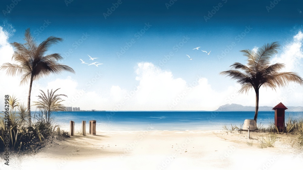 Obraz premium Serene beach scene with palm trees, ocean, and distant islands under a blue sky.