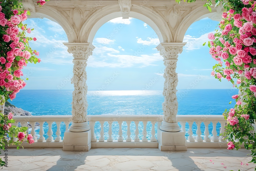 Fototapeta premium Elegant Balcony with Pink Roses and Ocean View