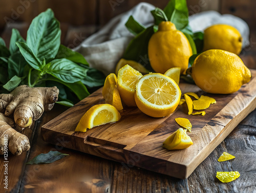 Fresh lemons and ginger are beautifully arranged on a wooden cutting board. The setup includes basil leaves and reflects a rustic, natural setting, perfect for culinary presentations.
