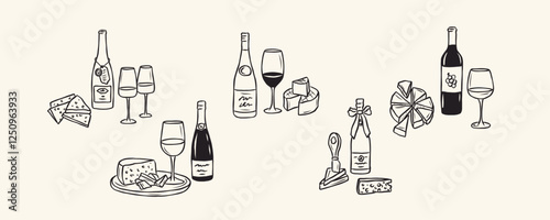 Hand drawn wine and cheese collection