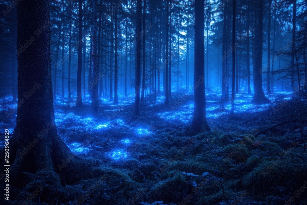 Obraz premium Enchanting blue forest at night, mystical glow, fantasy background, ideal for game design