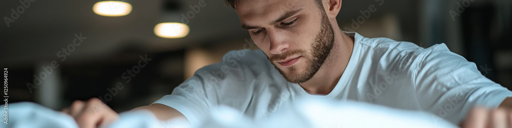 Fototapeta premium Young Man in White T-Shirt Looking at Fabric