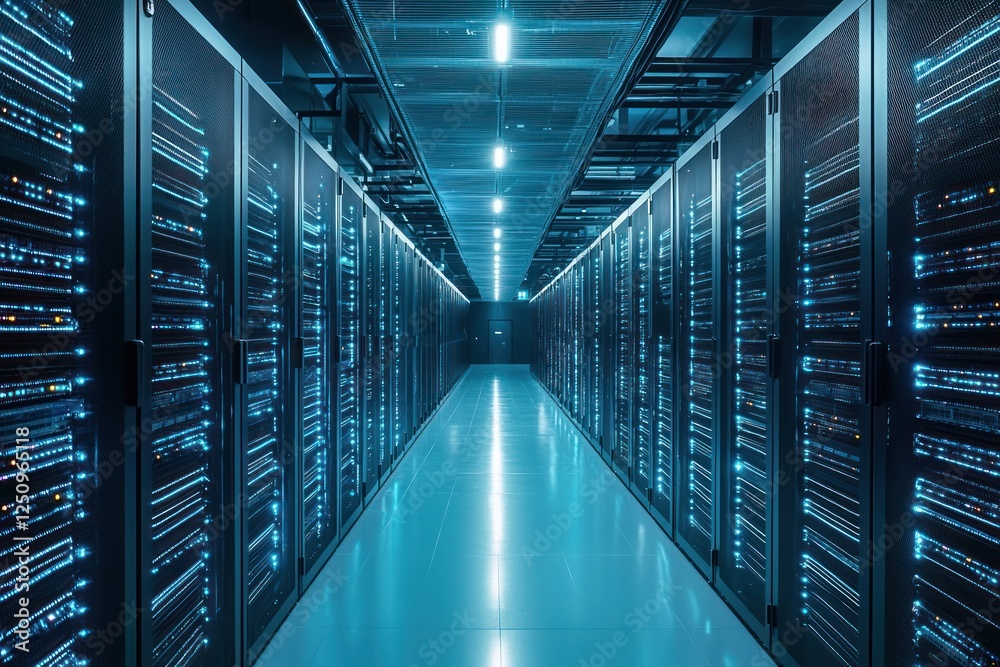 Fototapeta premium Data center server room corridor, glowing lights, technology infrastructure, network security