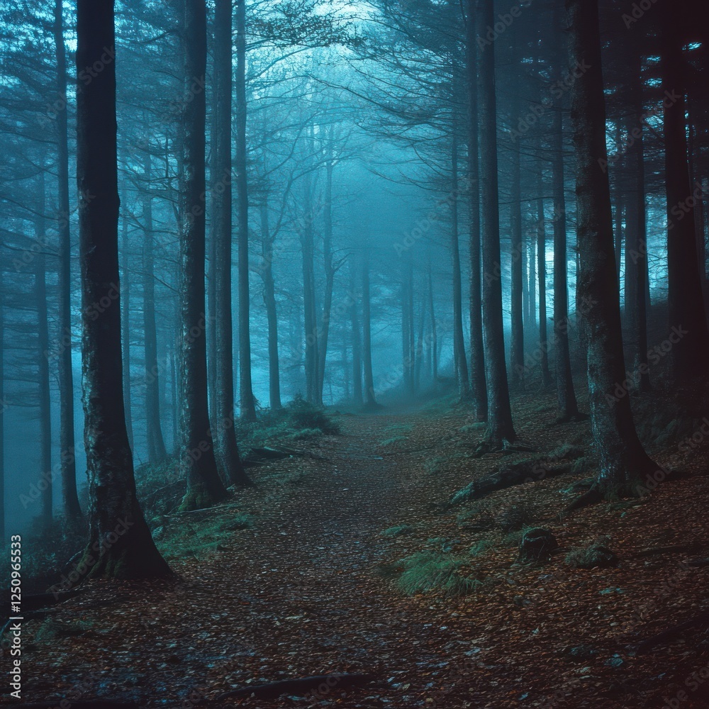 Misty forest path, autumn leaves, blue twilight, background trees, nature wallpaper