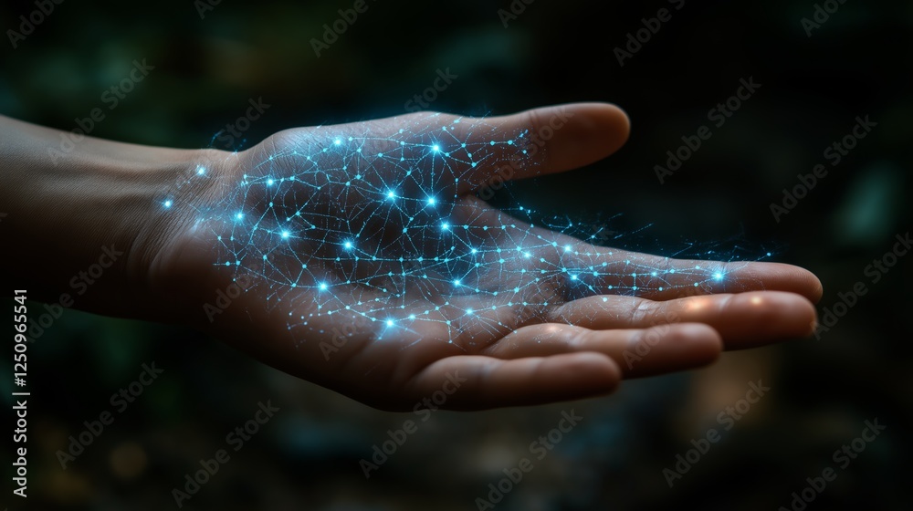 Fototapeta premium Digital connections illuminating data patterns in hand nature background conceptual visualization