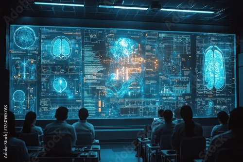 Scientists viewing brain data on large screen in lab