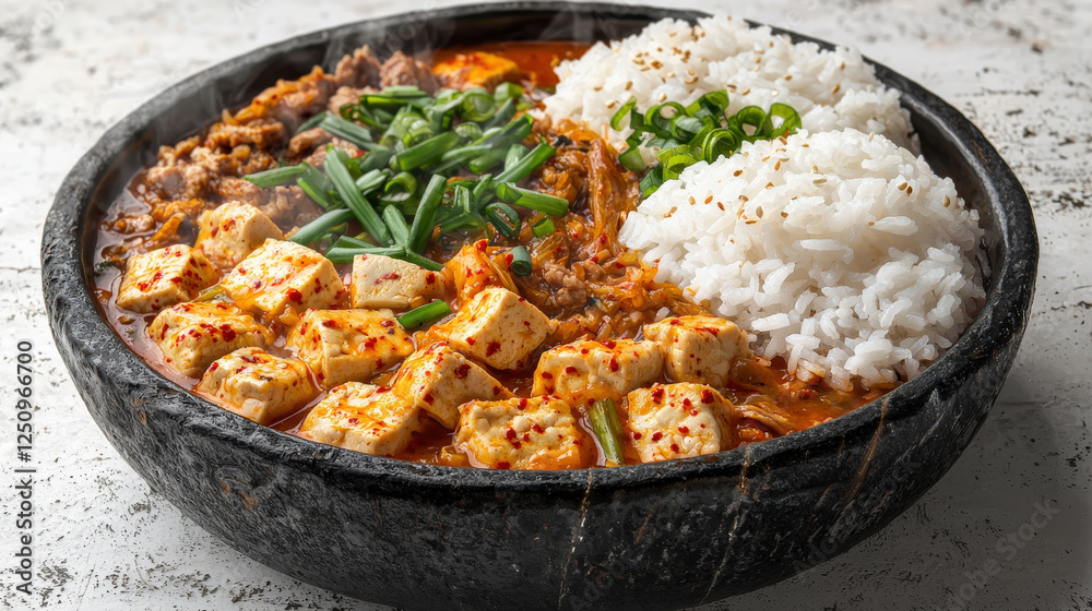 Tofu_and_beef_stew_with_green_onions,_served_with_white_rice_on_a_rustic_stone_plate. Tofu_and_beef_stew_with_green_onions,_served_with_white_rice_on_a_rustic_stone_plate.