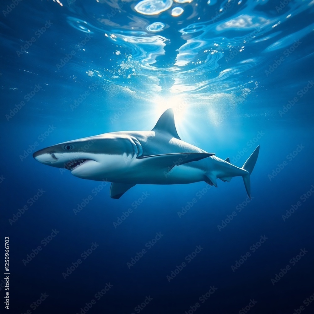 Obraz premium High-resolution stock photo a great white shark gracefully gliding through the water, sunlight creating a radiant glow around it, dynamic composition emphasizing movement