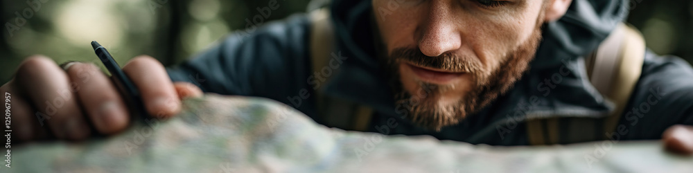 Obraz premium Bearded Man Marking Topographic Map with Pen