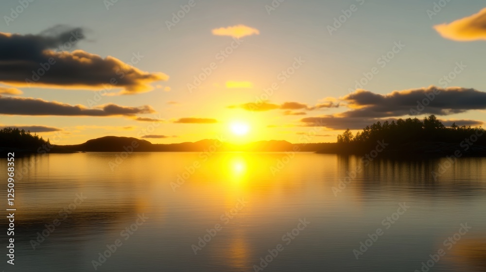 Obraz premium A serene sunset over a calm lake, reflecting warm colors and silhouettes.