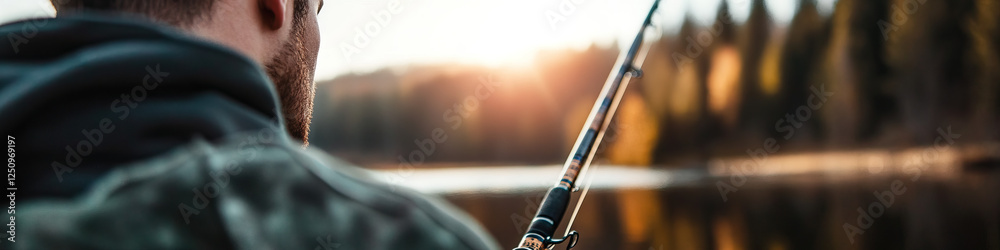 Naklejka premium Man Fishing at Sunset Lake