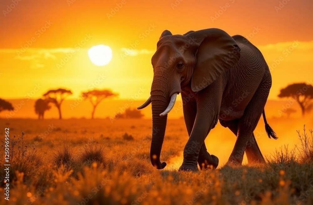 Fototapeta premium A Majestic Kenyan Elephant Walking Through Golden Savanna Grasslands. World Wildlife Day