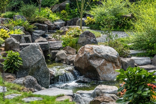 Serene Japanese garden with a small cascading waterfall flowing over large, rugged rocks into a tranquil pond. Lush greenery.