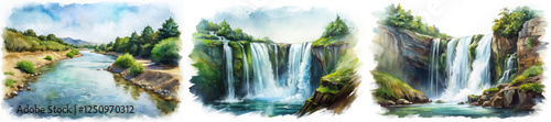 Watercolor landscape, serene river scene, cascading waterfalls, lush greenery, tranquil nature, artistic illustration, outdoor beauty.