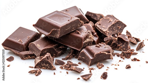 liquid chocolate splash with some pieces of chocolate left isolated on white background
