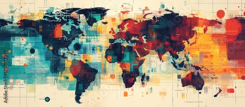 Fototapeta Naklejka Na Ścianę i Meble -  Abstract world map depicting global connectivity, data flow, and digital communication