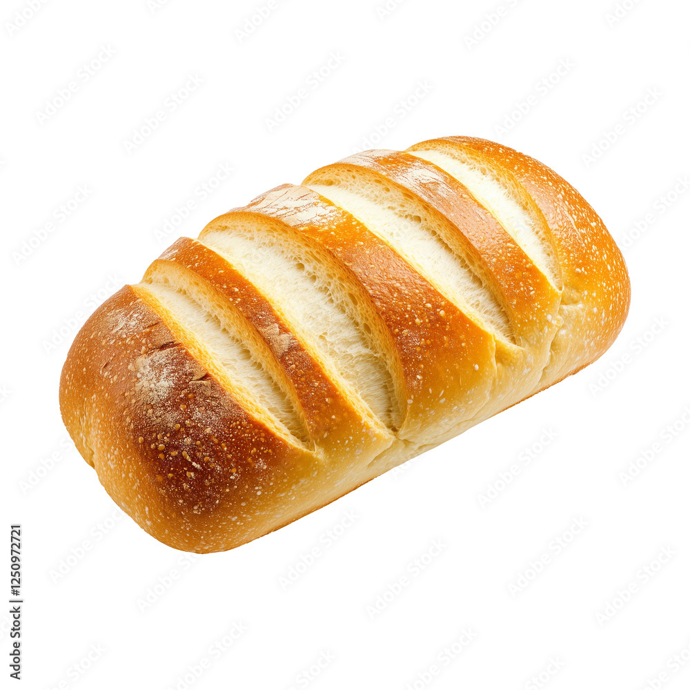 A fresh loaf of white bread showing its golden crust and soft interior, isolated on white transparent background. A fresh loaf of white bread showing its golden crust and soft interior, isolated on white transparent background.