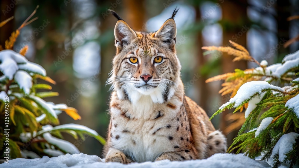Obraz premium Majestic Lynx Staring Intently Amidst Snowy Forest Landscape