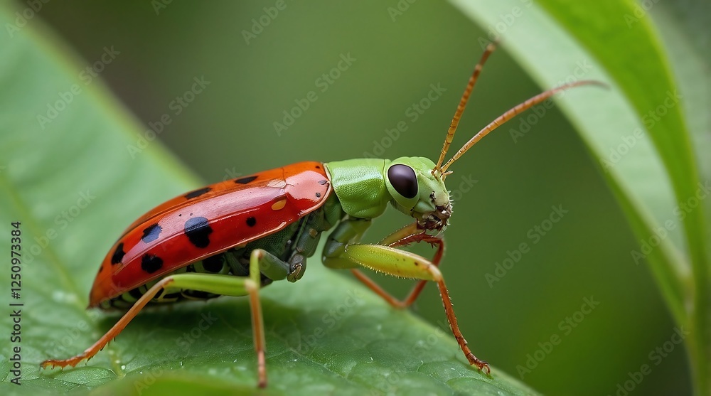 Naklejka premium Vibrant Green and Red Grasshopper Close-Up in Outdoor Leaf Habitat Macro Photography