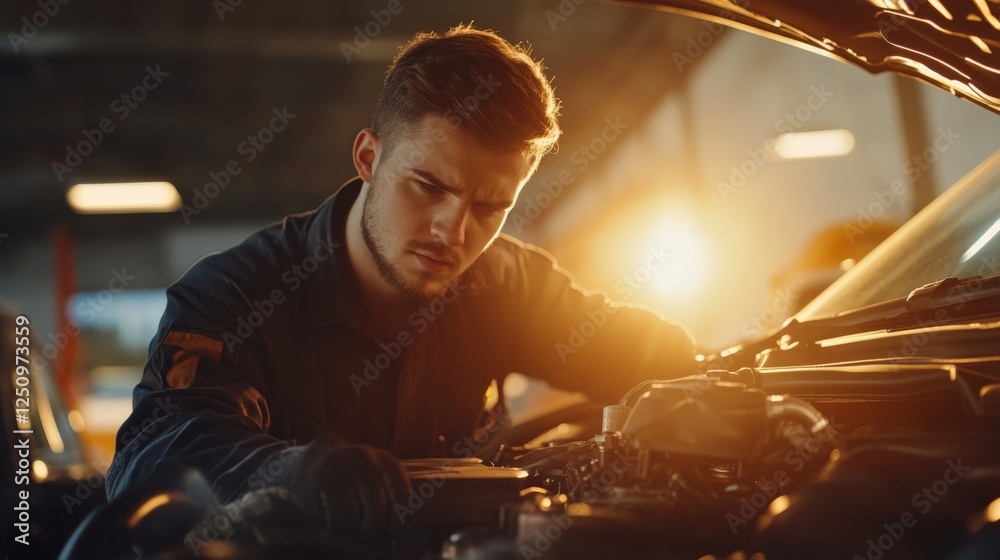 Mechanic repairing a car engine checking Mechanic repairing a car engine checking