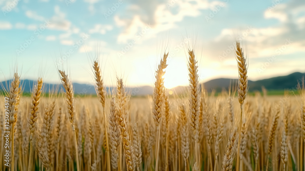 Golden wheat field swaying gently in warm summer breeze at sunset Golden wheat field swaying gently in warm summer breeze at sunset