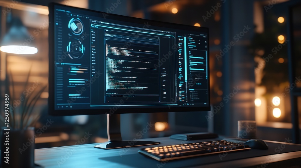 A quiet office at midnight, a computer monitor glowing with code, soft reflections of light on nearby surfaces, shadows cast across the empty space, A quiet office at midnight, a computer monitor glowing with code, soft reflections of light on nearby surfaces, shadows cast across the empty space,