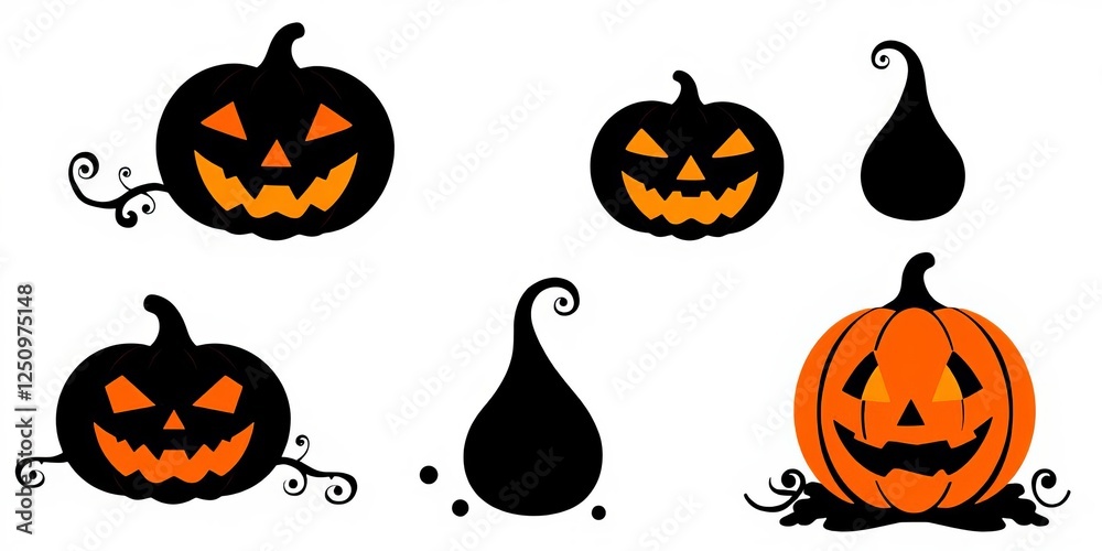 A collection of various pumpkin silhouettes in vector format for Halloween-themed design projects, design, decoration, set A collection of various pumpkin silhouettes in vector format for Halloween-themed design projects, design, decoration, set