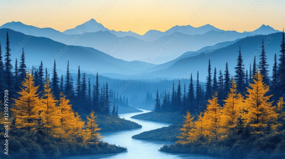 Autumnal Mountain Valley With River And Golden Trees