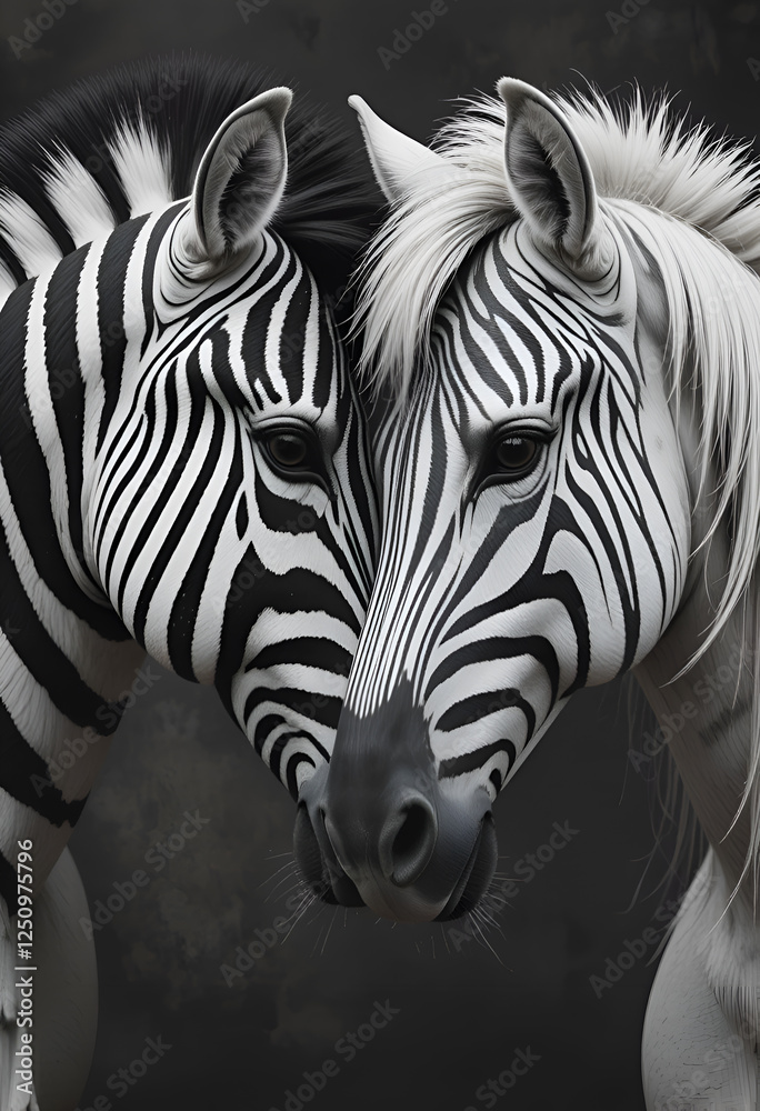 beautiful fine art double portrait of zebra against grey background. Digital artwork. Ai generated
