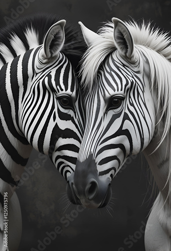 Obraz na płótnie beautiful fine art double portrait of zebra against grey background. Digital artwork. Ai generated w salonie